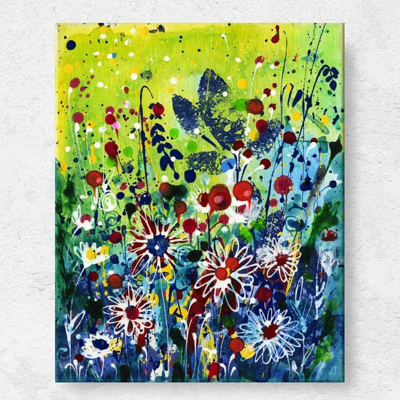 Original Mixed Media Floral painting on Canvas - Meadow Of Happiness 2